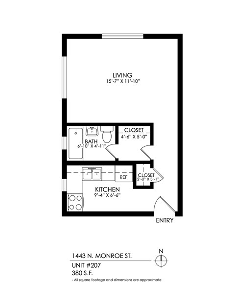 Floor plan for studio, 1 bath, 390 sqft